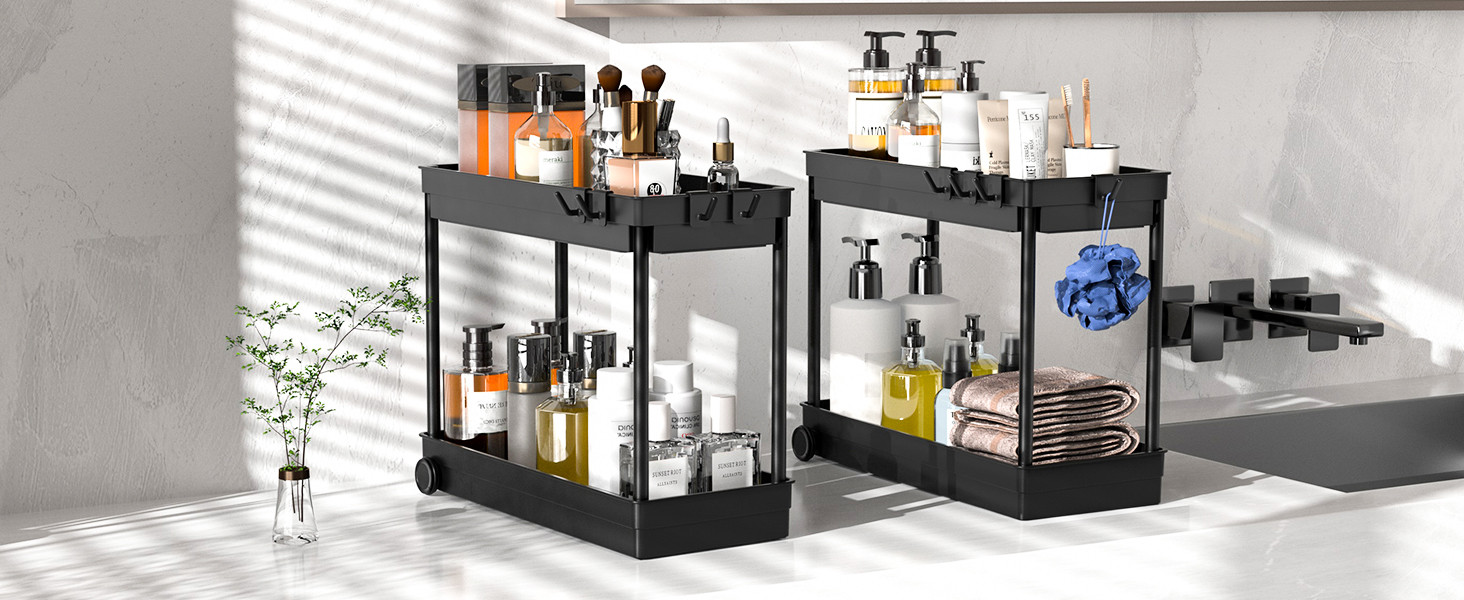 2 Pack Under Sink Organizer, 2 Tier Bathroom Cabinet Organizers and Storage with Hook, Multi-purp... | Amazon (US)