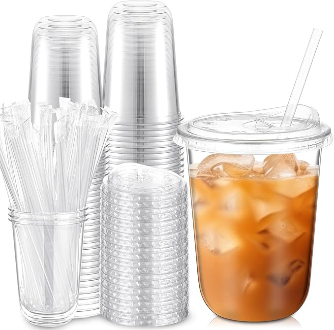 50 Pack 16 oz Clear Plastic Cups with Sip Lids & Straws, Disposable PET Crystal Iced Coffee Cups ... | Amazon (US)