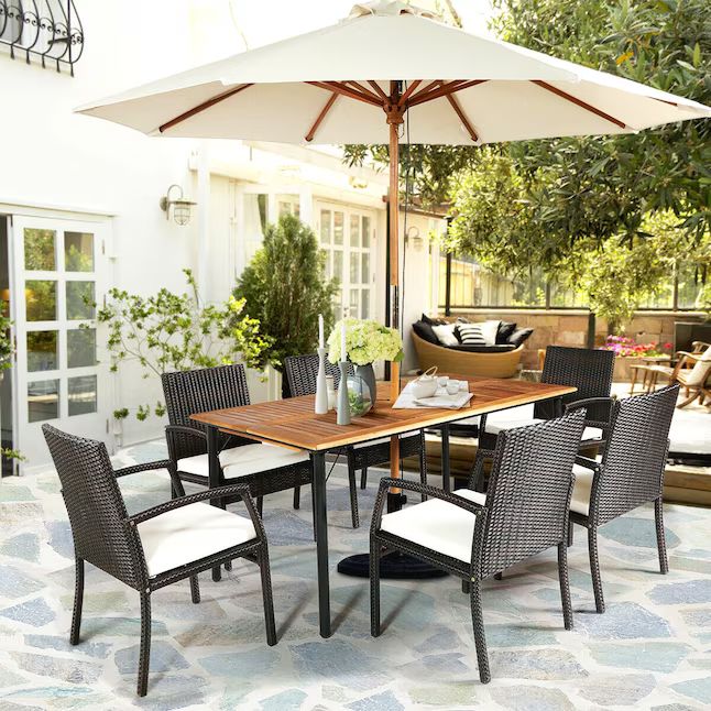 Clihome Patio Set 7-Piece Brown Rattan Dining Patio Dining Set with Off-white Cushions | Lowe's