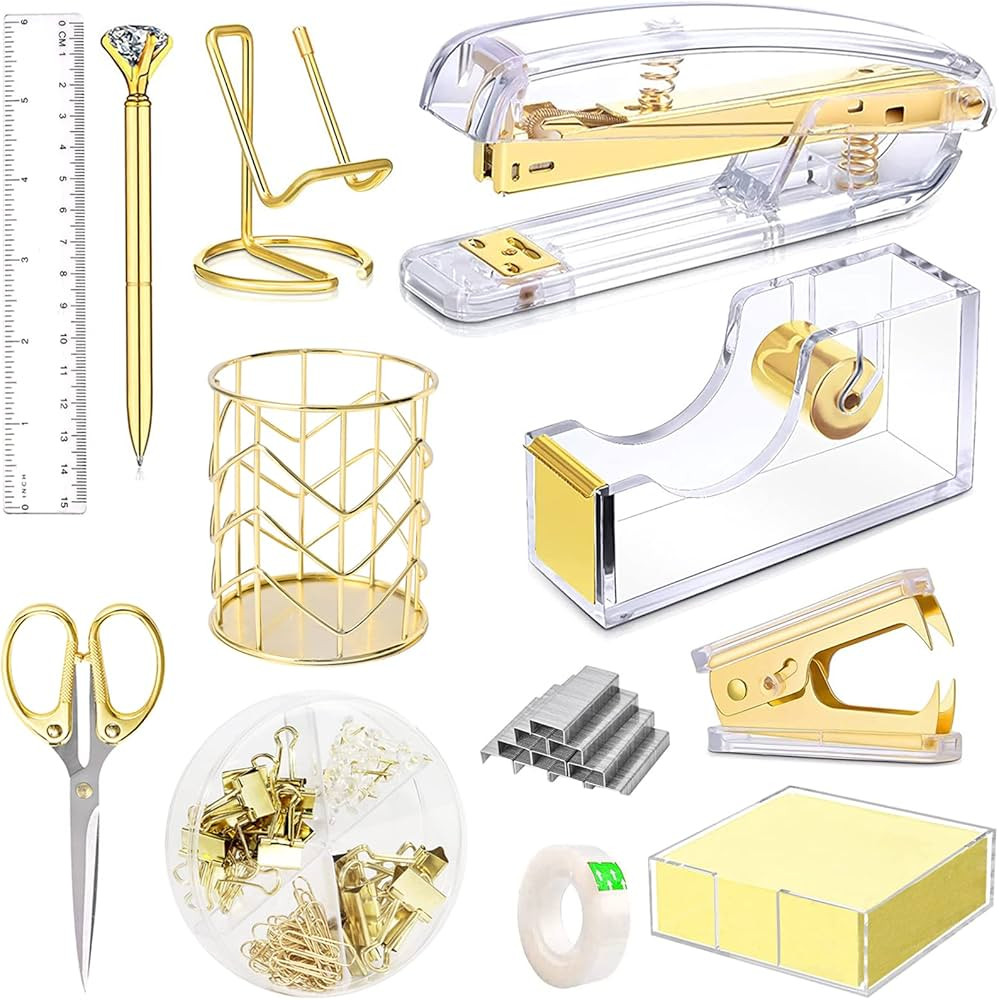Gold Desk Accessories, Acrylic Stapler, Staple Remover, Tape Holder, Pen Holder, Ballpoint Pen, Scis | Amazon (US)