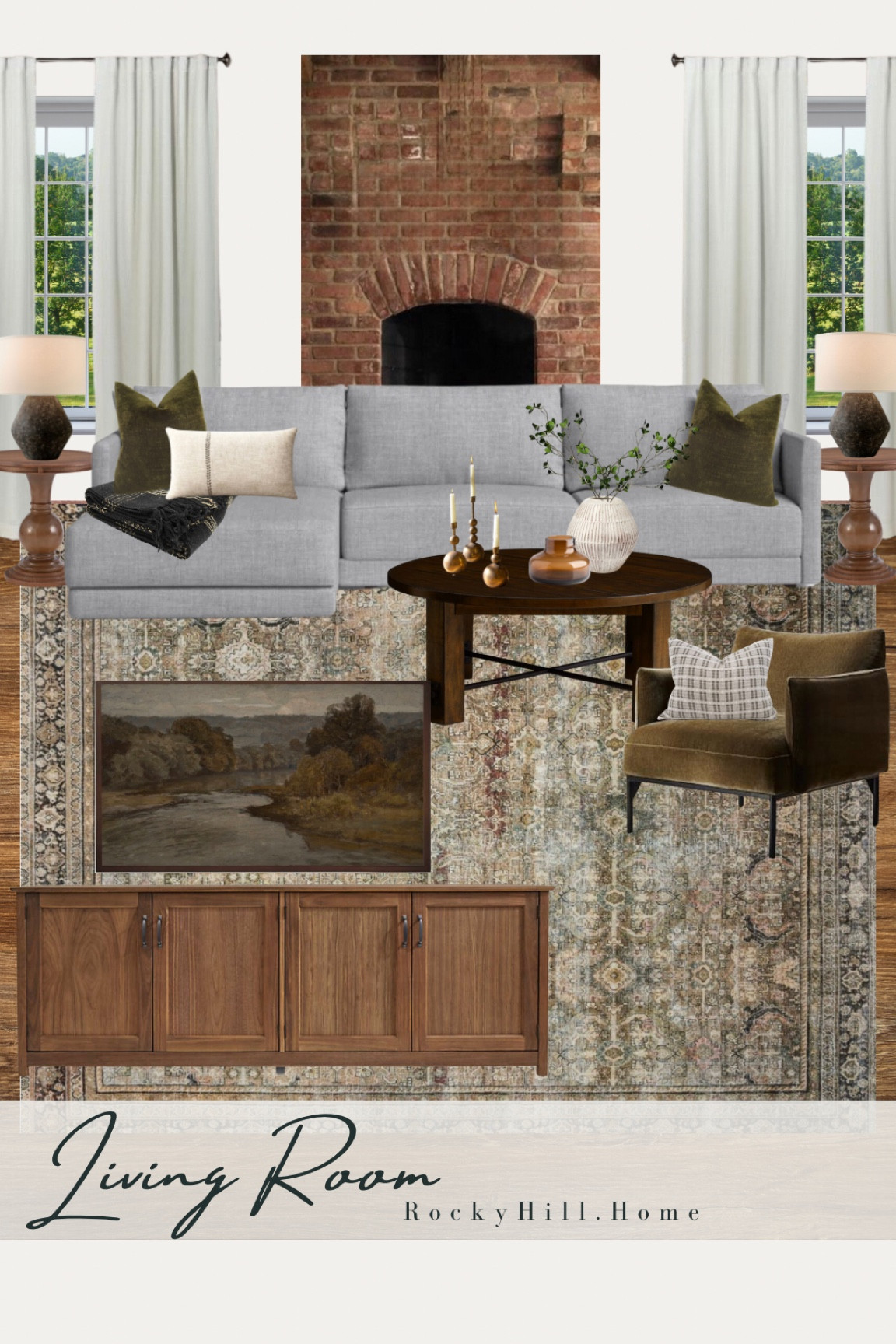 Living room with brick fireplace and gray sectional, home decor, loloi olive charcoal rug, round dark wood coffee table, amber vase, gold candle holders, white target vase, west elm olive chair, Troy table lamp, budget curtain, frame tv art, extra long tv stand, media cabinet 

#LTKstyletip #LTKhome