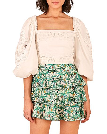 Farm Rio Blouson-Sleeve Lace Blouse | Neiman Marcus