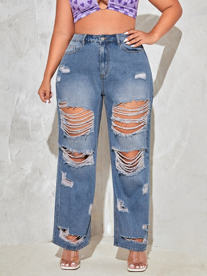 SHEIN CURVE+ Plus High Waist Ripped Wide Leg Jeans | SHEIN