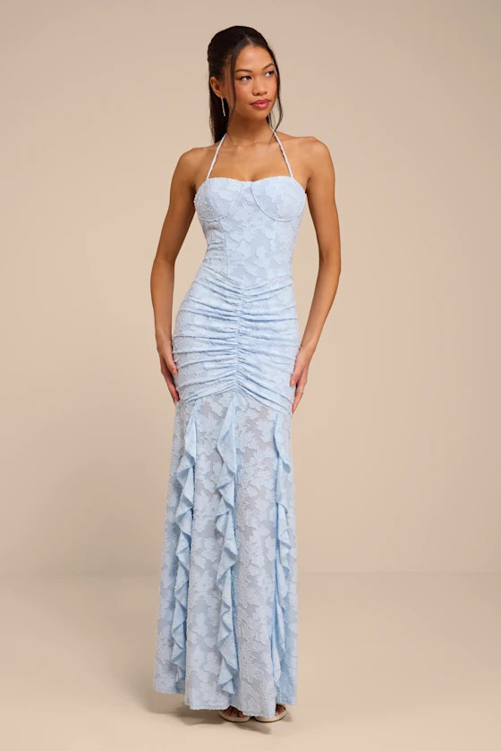 Dimona Light Blue Floral Burnout Ruched Maxi Dress | Lulus