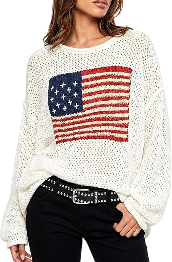 Women's American Flag Knit Sweater Hollow Out 4th of July Pullover Jumper Casual Patriotic Crewne... | Amazon (US)