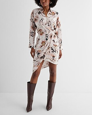 Floral V-neck Surplice Asymmetrical Mini Portofino Shirt Dress | Express