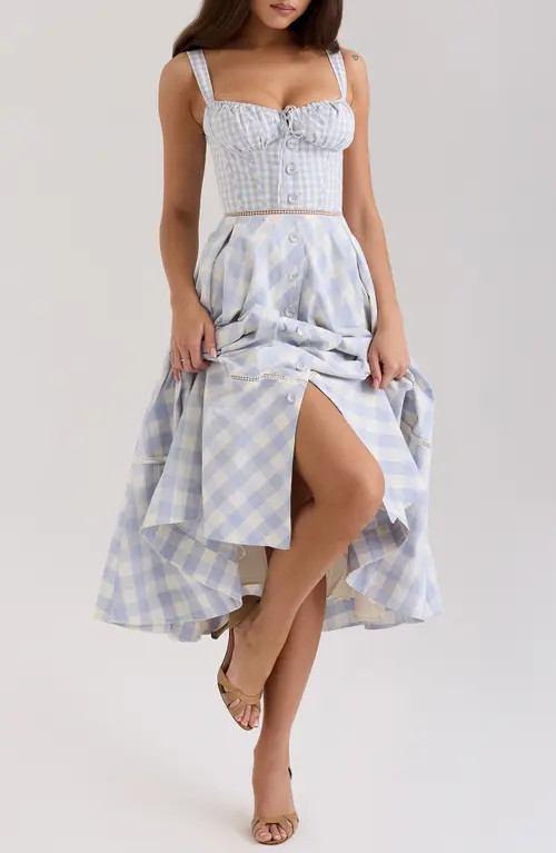 HOUSE OF CB Chiarina Gingham Stretch Cotton Midi Sundress in Gingham Zen Blue at Nordstrom, Size Large | Nordstrom