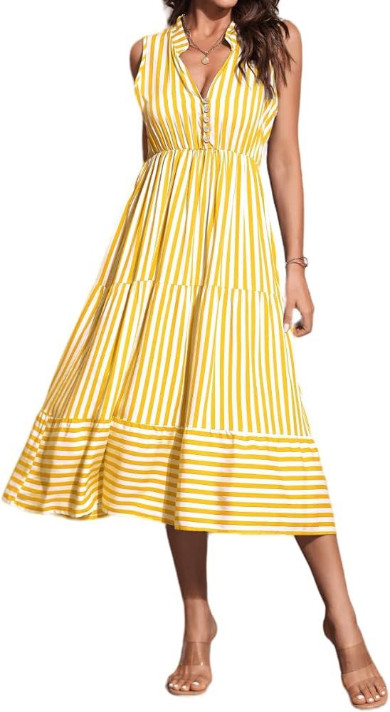 YOXUA Womens Summer Casual Shirt Striped Dress, Sleeveless Notched Neck High Waist Ruffle A Line ... | Amazon (US)