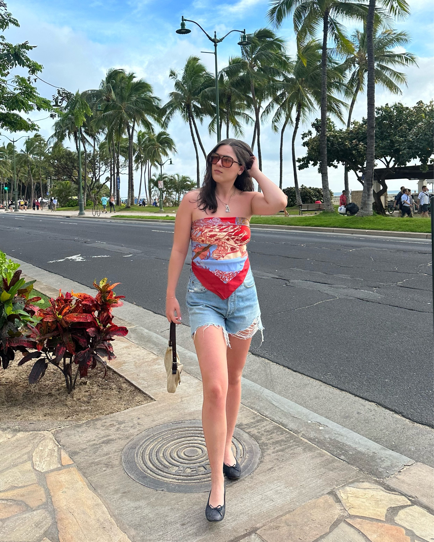 Vacation outfit using my Hermes scarf as a scarf top and my new favorite jean shorts from Re/Done! I’ve also clearly fully embraced the ballet flat trend 

#LTKSeasonal #LTKtravel