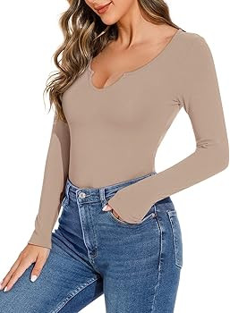 REORIA Women's Sexy Cut Out V Neck Long Sleeve Ribbed Slimming Thong Bodysuits Tops Jumpsuit | Amazon (US)