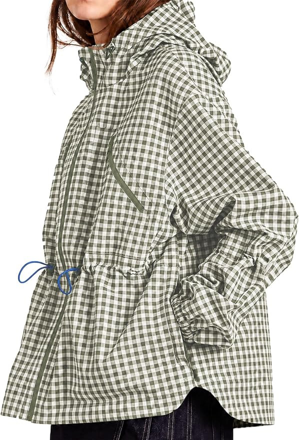 Fisoew Womens Rain Jacket Waterproof Plaid Raincoat Hooded Windbreaker | Amazon (US)