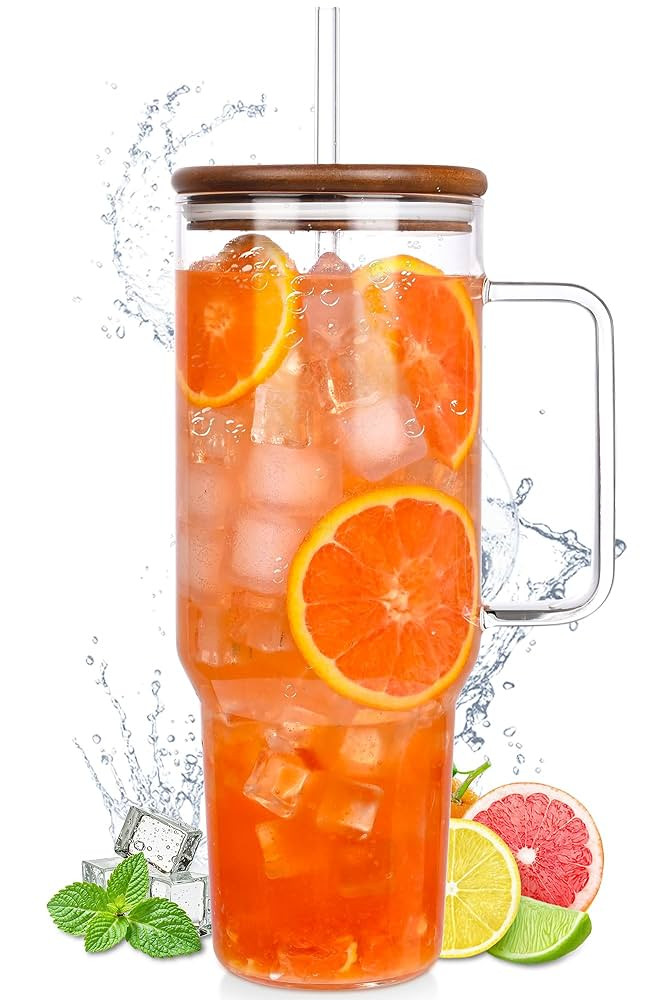 49oz Glass Tumbler with Acacia Wood Lid & Dual Straws, Large Cup with Handle and Straws Glasses W... | Amazon (US)