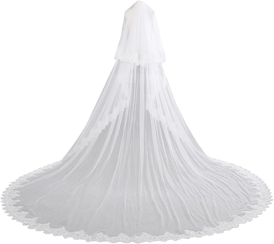 EllieHouse Women's 2 Tier Royal Length Lace Wedding Bridal Veil With Comb L01 | Amazon (US)