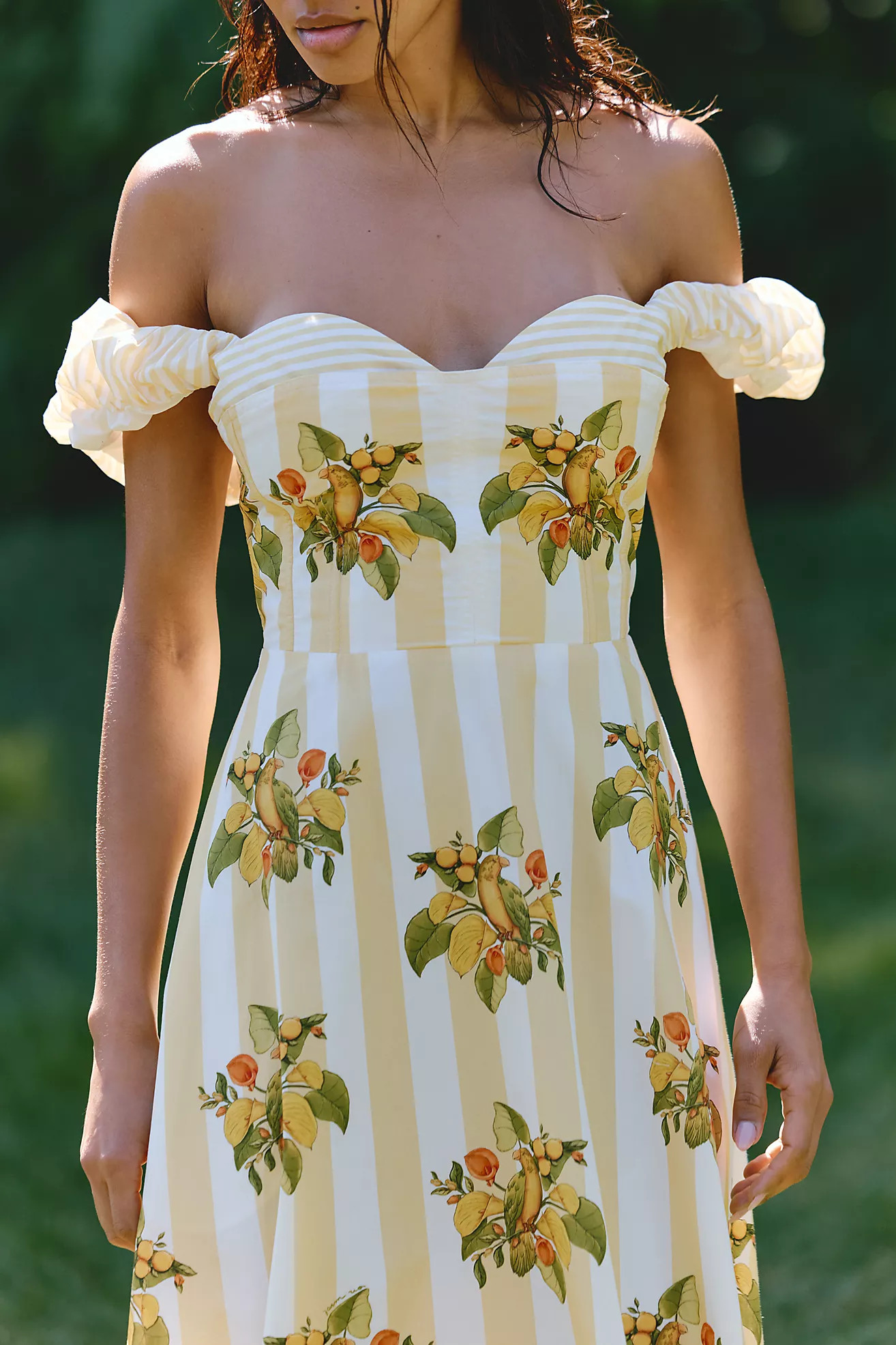 Farm Rio Lemon Birds Cotton Off-Shoulder Midi Dress | Anthropologie (US)