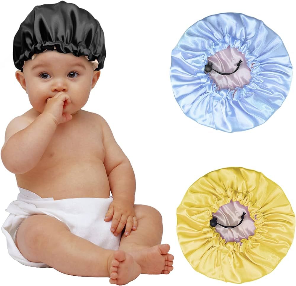 RERYOU Kids Satin Bonnet Night Sleep Caps, 3 Pieces, Black, Blue, Yellow | Amazon (US)