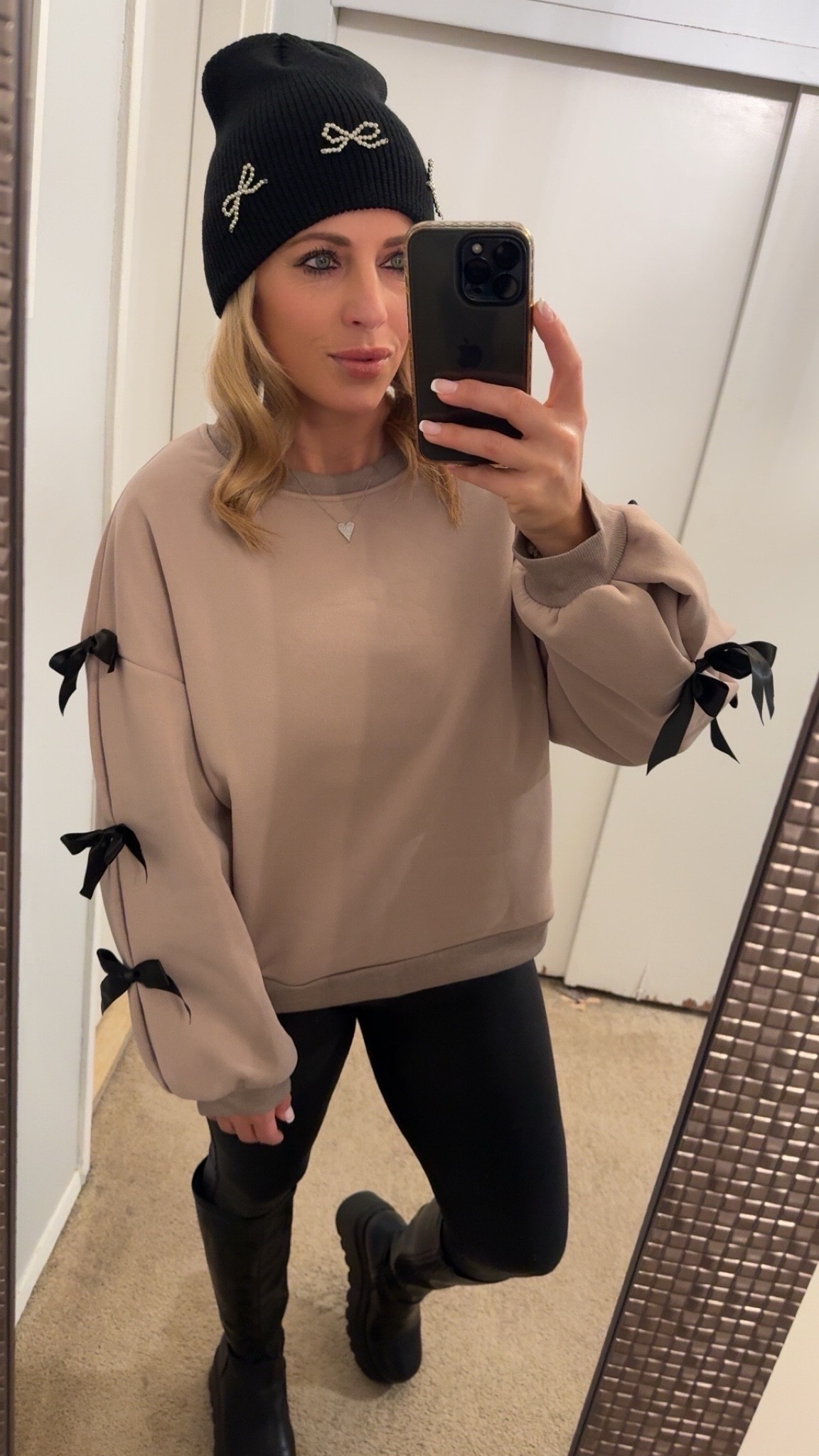 Neutral outfit. Winter outfits. Wearing XL in SHEIN bow sweatshirt and size 9 in dream pairs tall boots 



#LTKFindsUnder50 #LTKMidsize #LTKShoeCrush