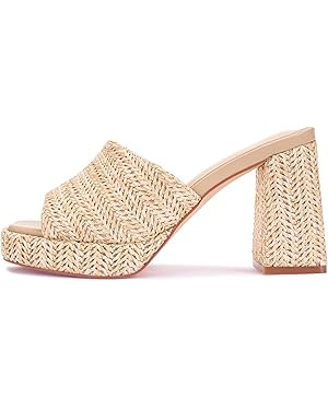 Monrovia Raffia Heeled Sandals for Women，Platform Wedge Slip On Block Heel, Dressy Summer Open ... | Amazon (US)