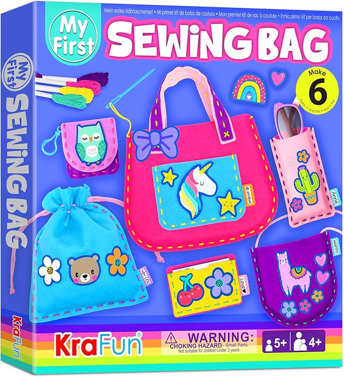 KRAFUN My First Sewing Bag Kit Arts & Crafts for Beginner Kids, 6 Easy DIY Sewing Handbag Pouch S... | Amazon (US)