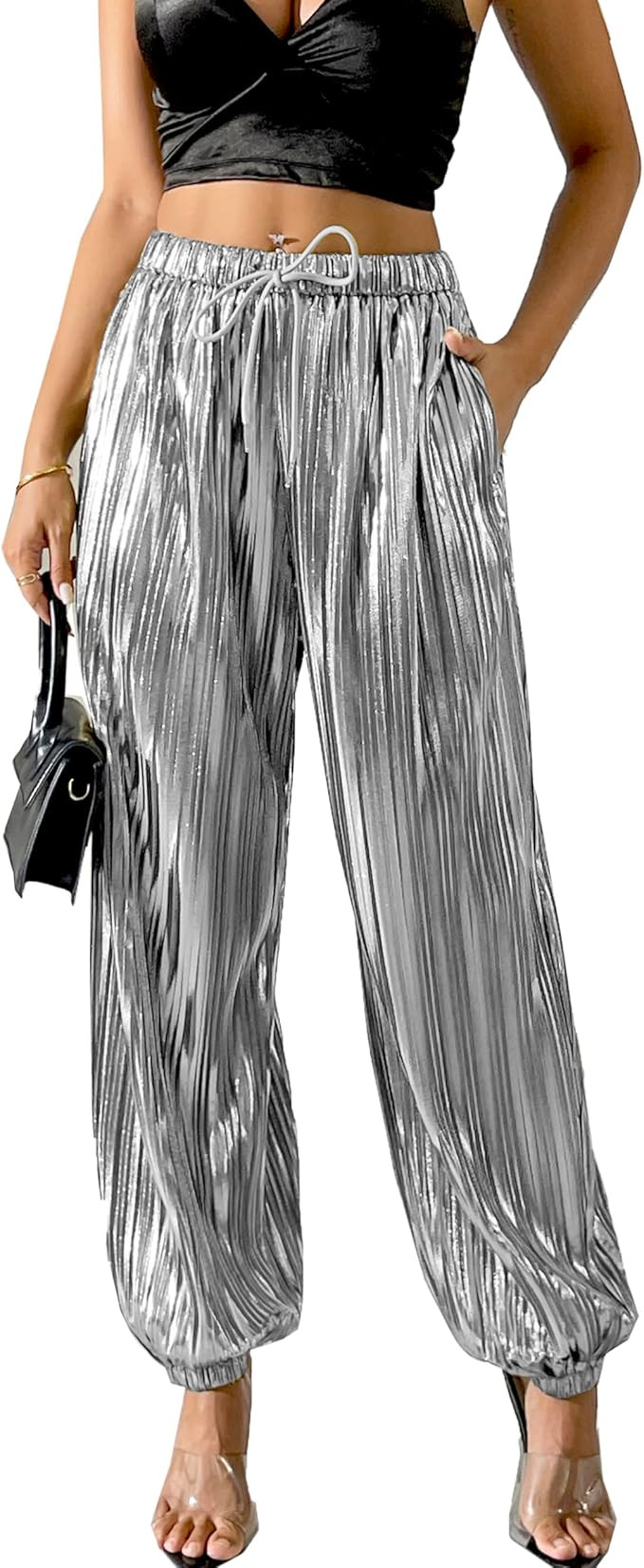 Fakanhui Women's Metallic Jogger Pants Sequin Gold Silver Casual Dress Evening Party Clubwear Tro... | Amazon (US)