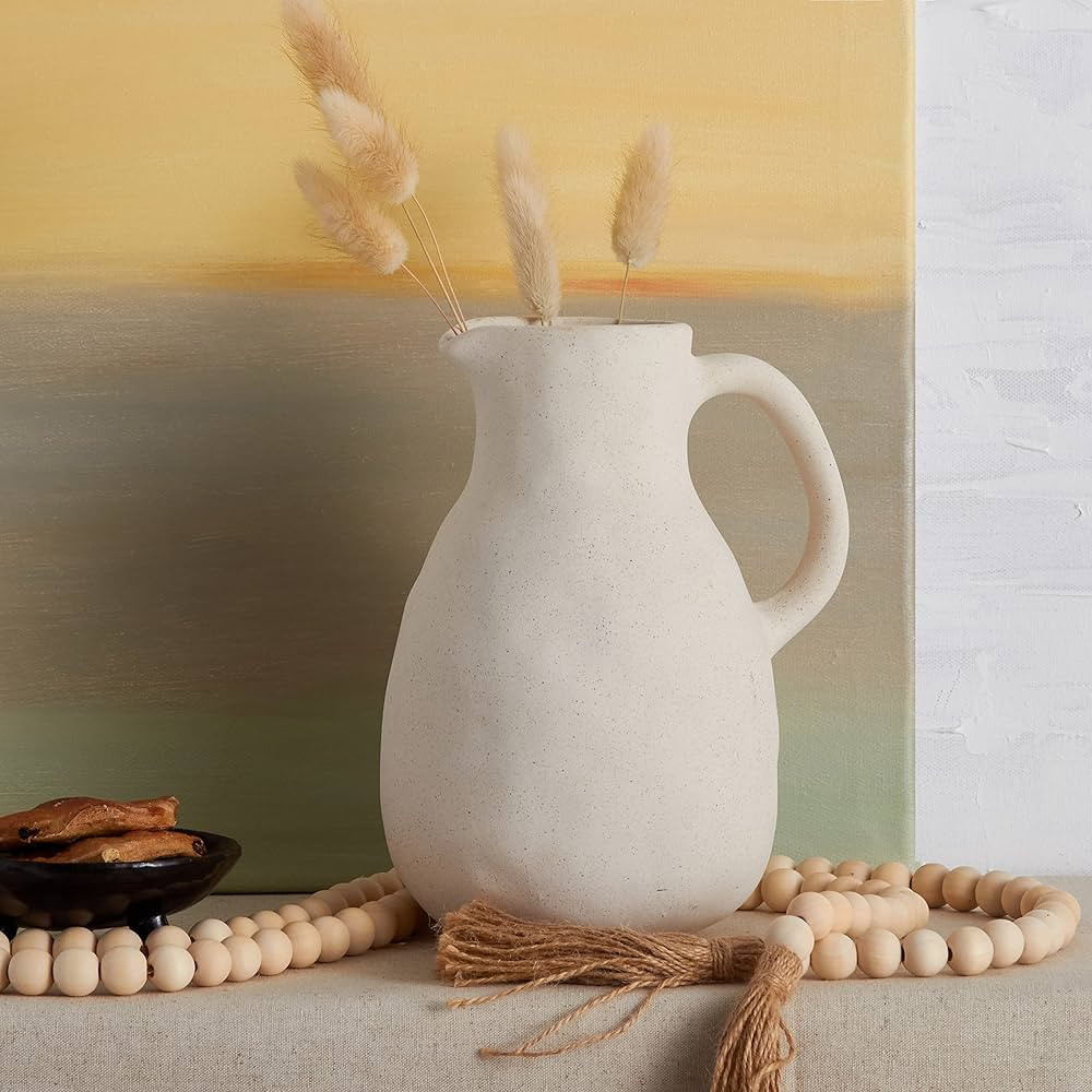 Neutral White Ceramic Vase for Wabi Sabi Home Décor, Medium Antique Stoneware Jug for Rustic Cen... | Amazon (US)