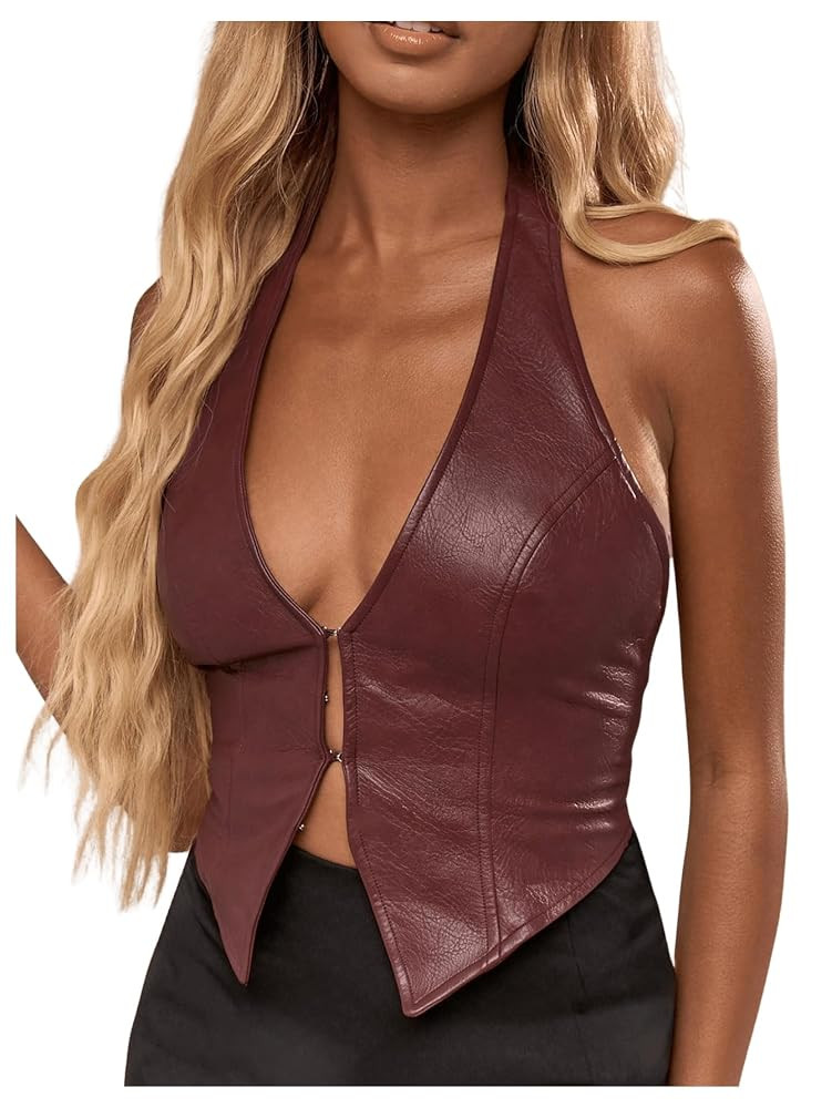 SOLY HUX Women's PU Leather Halter Tank Tops Sexy Deep V Neck Asymmetrical Vest Corset Party Club... | Amazon (US)