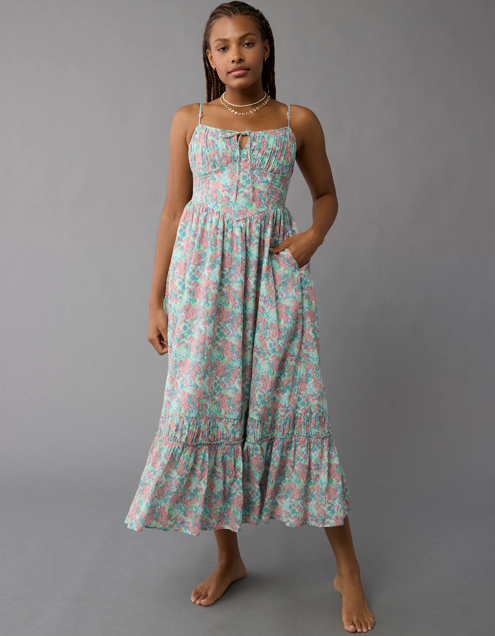 AE Corset Tiered Midi Dress | American Eagle Outfitters (US & CA)