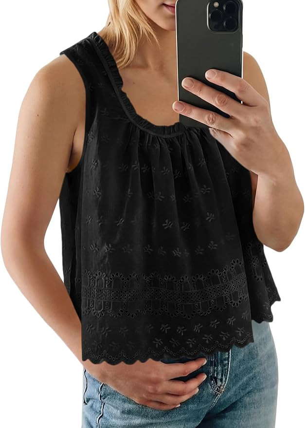 Tankaneo Womens Eyelet Tank Top Summer Floral Embroidered Scoop Neck Tops Sleeveless Casual Vacat... | Amazon (US)