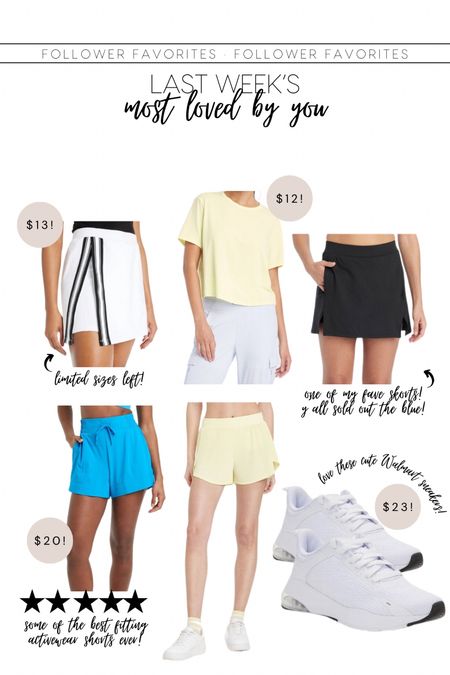 Size S white skort but wish I did XS - runs big! Size down! // I sized up to M in the yellow tee for oversized fit / small black skort - true to size // small in both target shorts (I can be In Between small medium in workout shorts and the smalls are perfect so they def run nice and relaxed!) // sneakers size 8- I can be in between 8/8.5 in sneakers for reference 