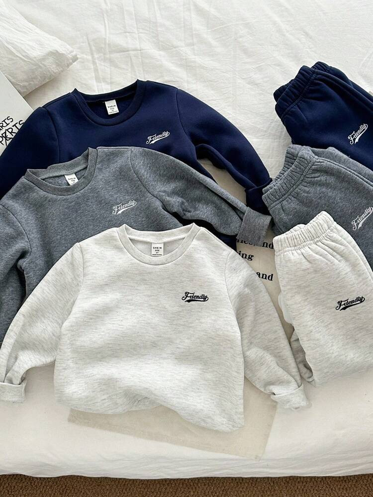Genkimix Kids 6pcs/3Sets Young Boy Emboidery Letter Fleece Crew Neck Long Sleeve Top And Jogger S... | SHEIN