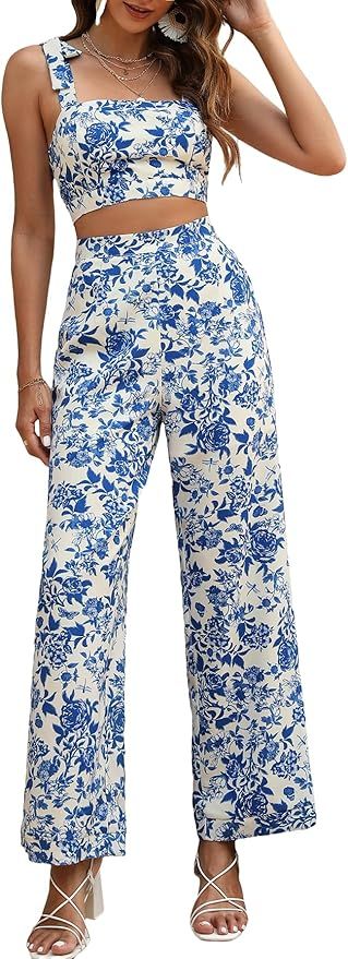 Floerns Women's 2 Piece Summer Boho Floral Print Knot Shoulder Zip Back Crop Cami Top and Maxi Pa... | Amazon (US)