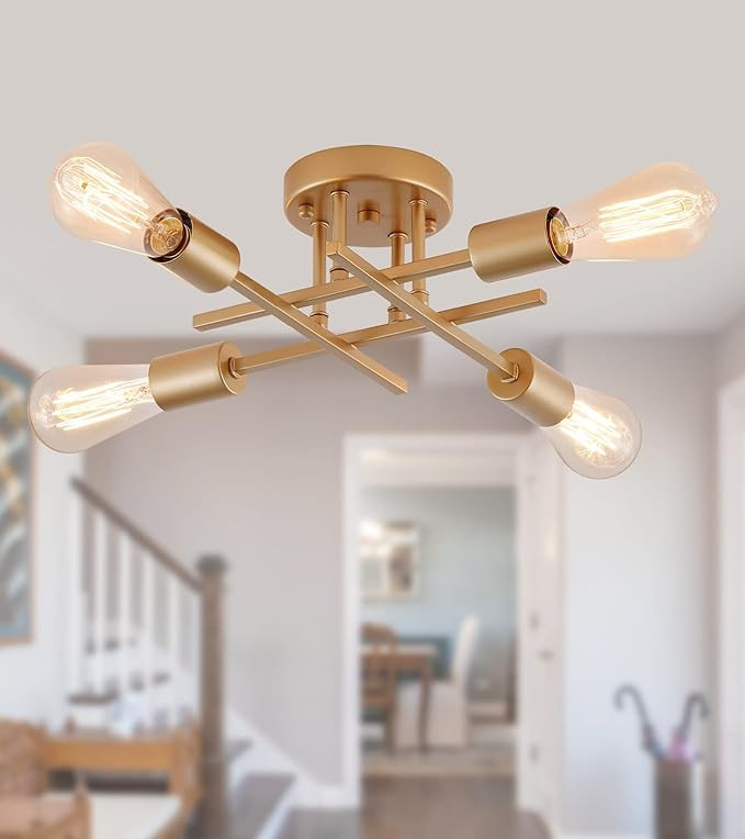 AMZASA Semi Flush Mount Ceiling Light Gold Modern Sputnik Chandelier Industrial 4-Lights Ceiling ... | Amazon (US)
