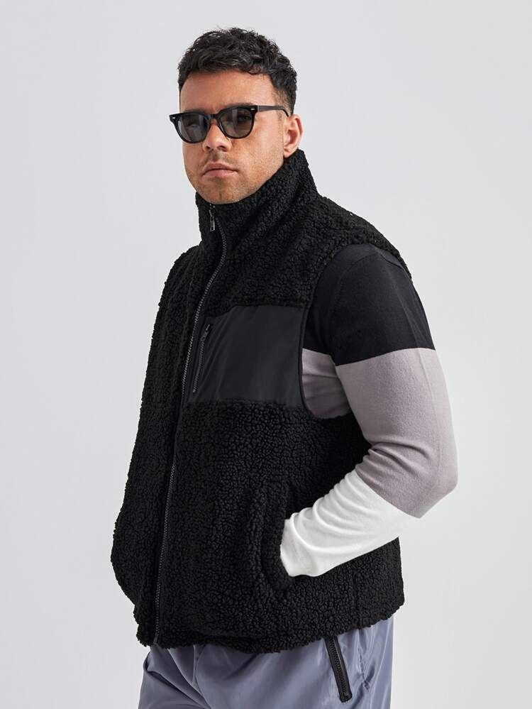 Extended Sizes Men Slant Pockets Teddy Vest Jacket | SHEIN