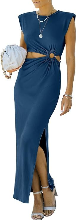 ANRABESS Women Summer Sleeveless Padded Shoulder Cutout Sexy Formal Slim Fit Maxi Slit Dress | Amazon (US)