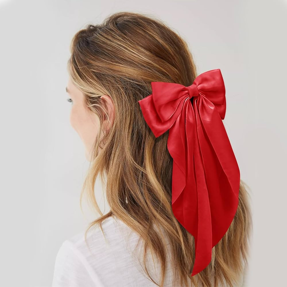 Big Red Silky Satin Hair Bows for Women - Long Tail Cute Hair Ribbons, Coquette Barrettes for Gir... | Amazon (US)