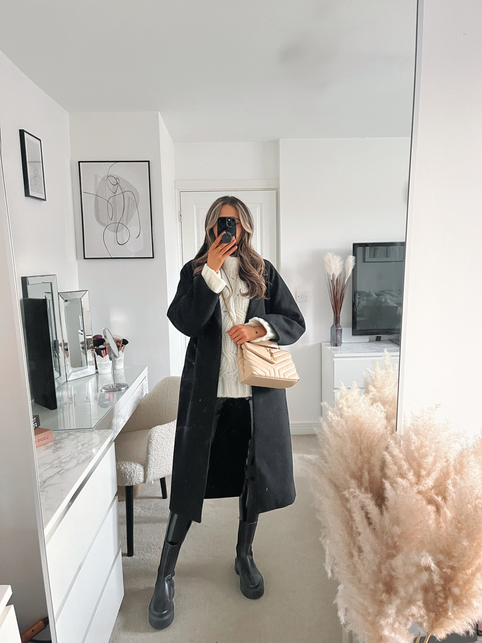 Cream chunky knit jumper, black vinyl leggings, black chunky boots, black long coat, winter outfit inspo. 

#LTKfit #LTKstyletip #LTKSeasonal