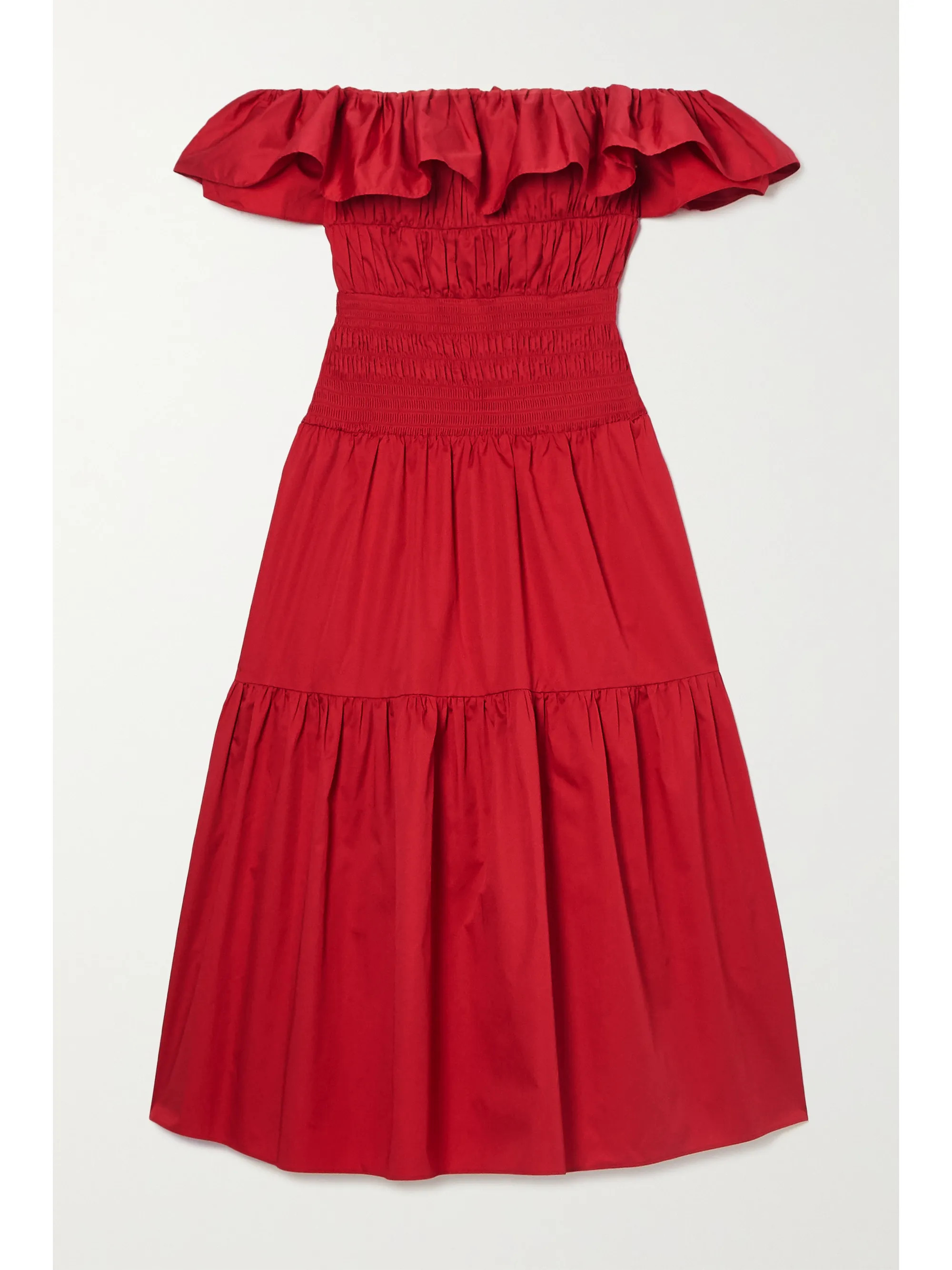 Red Off-the-shoulder shirred ruffled cotton-poplin midi dress | Self-Portrait | NET-A-PORTER | NET-A-PORTER (UK & EU)