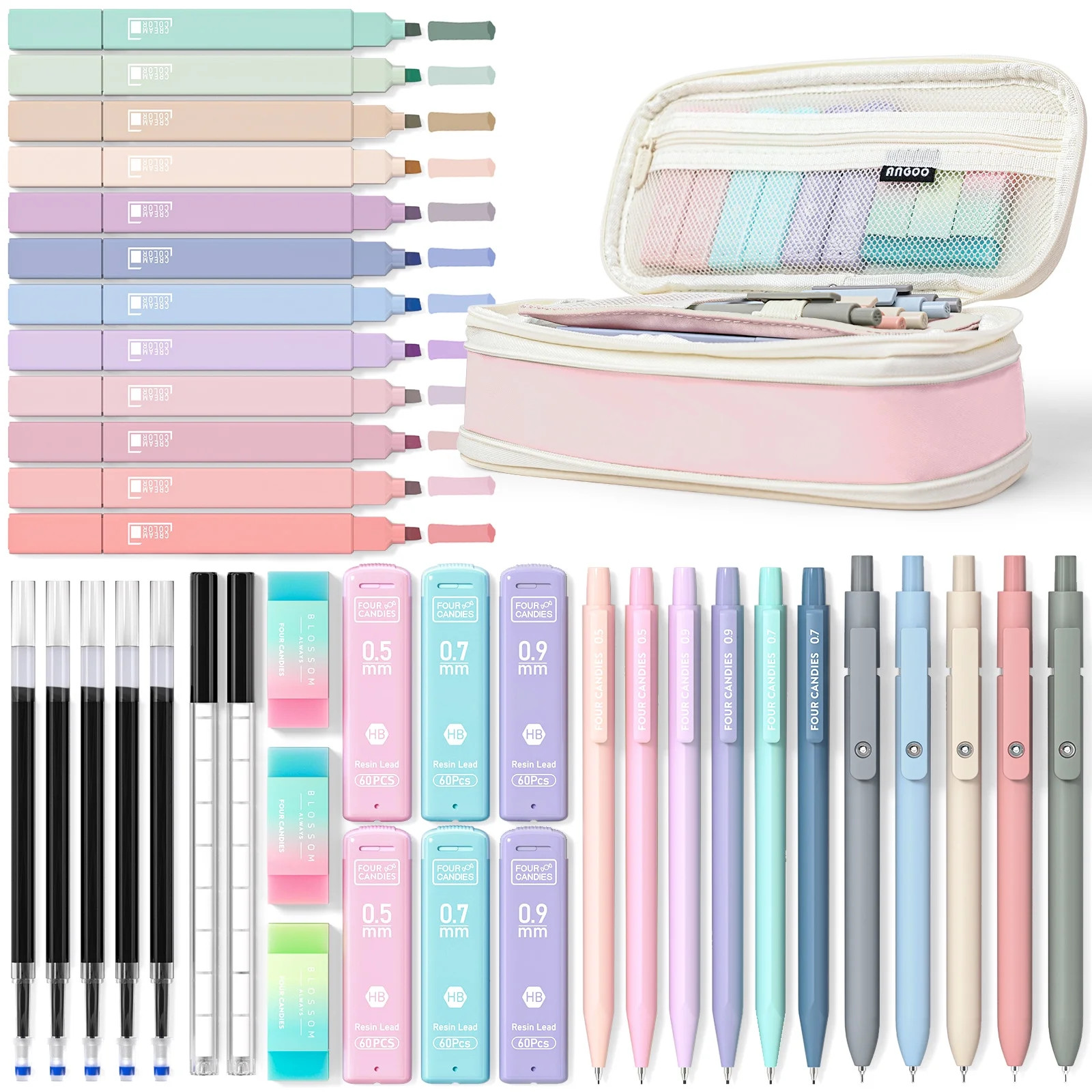 Four Candies 39 PCS Aesthetic Supplies with Cute Pen Case, 12 Pastel Highlighters, 5 Black Ink Ge... | Walmart (US)