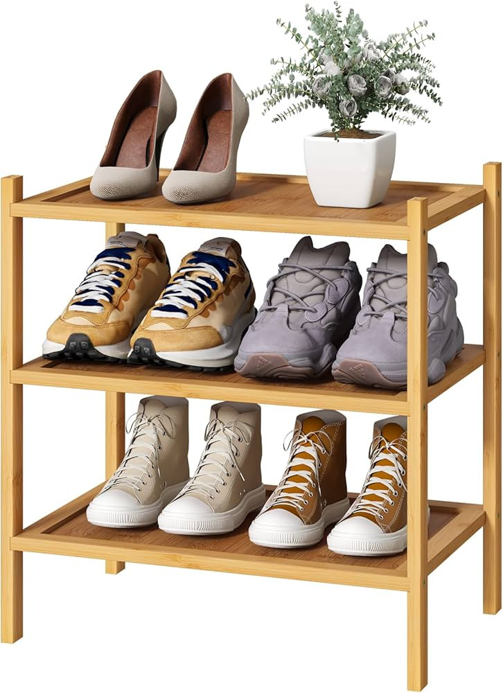 Small Shoe Rack, Bamboo Wood Shoe Rack for Entryway, Stackable | Foldable | Natural, 3-Tier Shoe ... | Amazon (US)