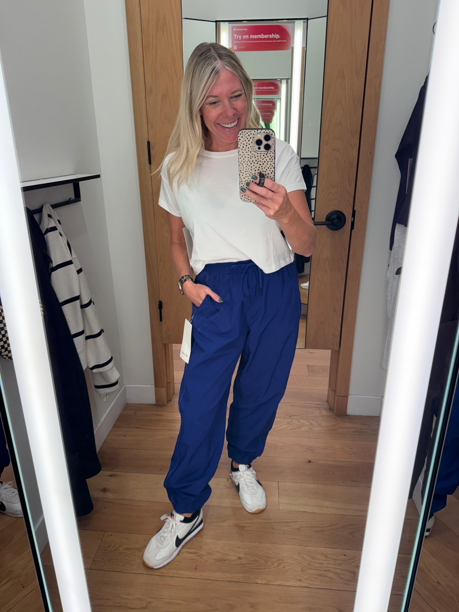 I have on a small in the blue joggers but needed an XS. 6 white tee and Nike sneakers tts 

#LTKootd #LTKOver40 #LTKSaleAlert