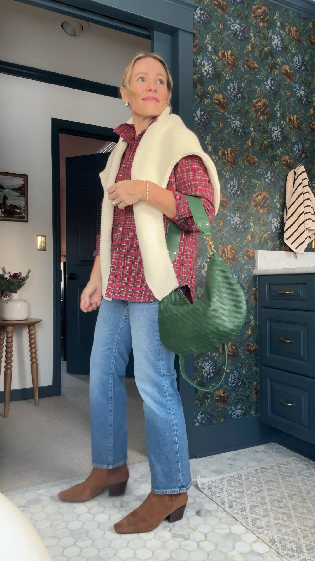 Wearing my regular size small in plaid button down ~ a classic in more colors. & favorite cream frank & eileen montecito sweater also in small. J.crew nipped straight jeans in petite length (5’3”) and ankle boots true to size. Clare v moyen messenger bag in evergreen 
xo, Claire 

#LTKOver40 #LTKgrwm #LTKootd
