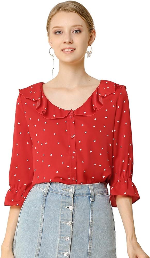 Allegra K Women's Valentine's Day Button Down Shirt Ruffle Lapel Collar Elbow Sleeve Heart Print Blo | Amazon (US)