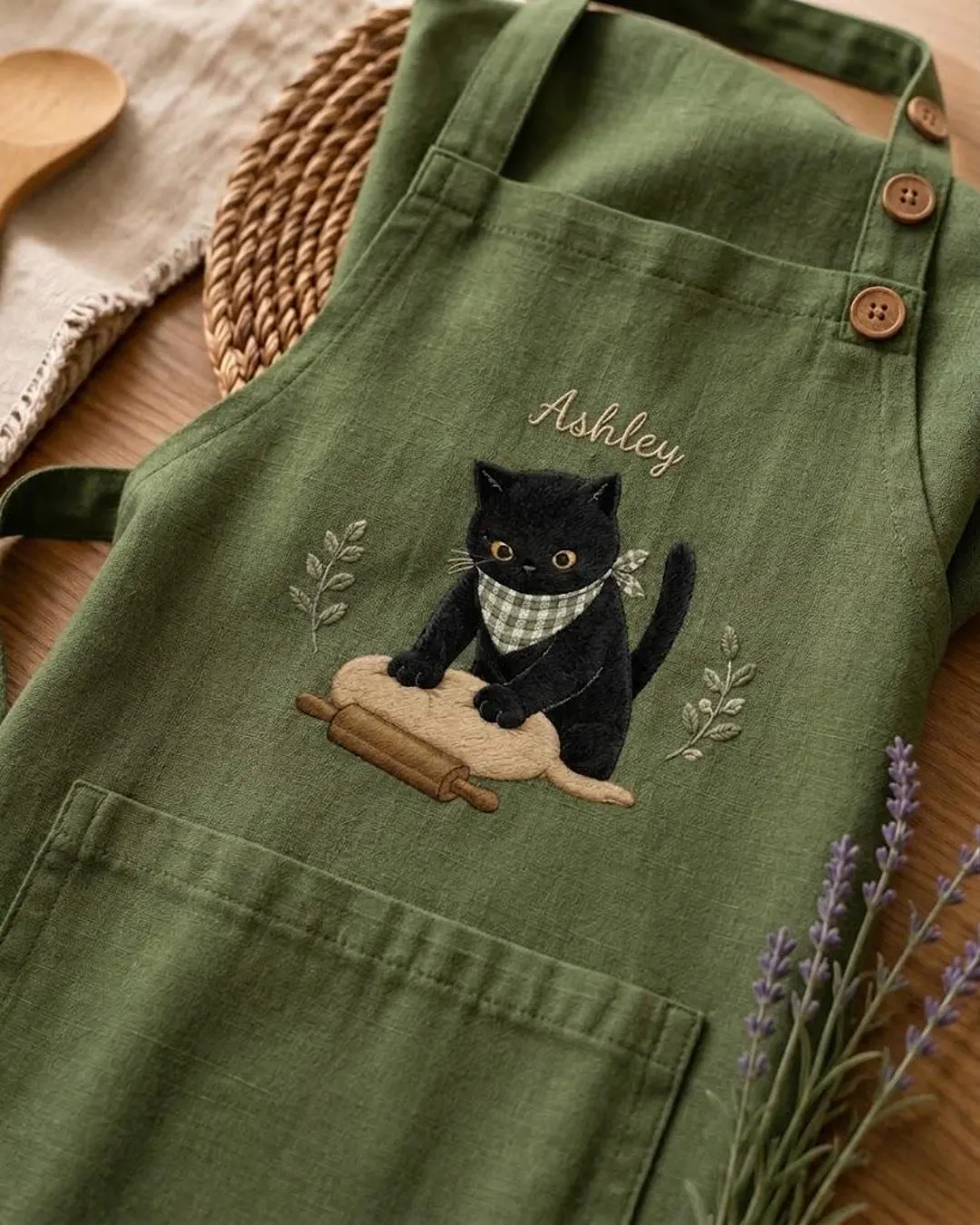 Personalized Cute Black Cat Chef Baking Embroidered Linen Apron, Custom Kids Name Kitchen Aprons,... | Etsy (Global)