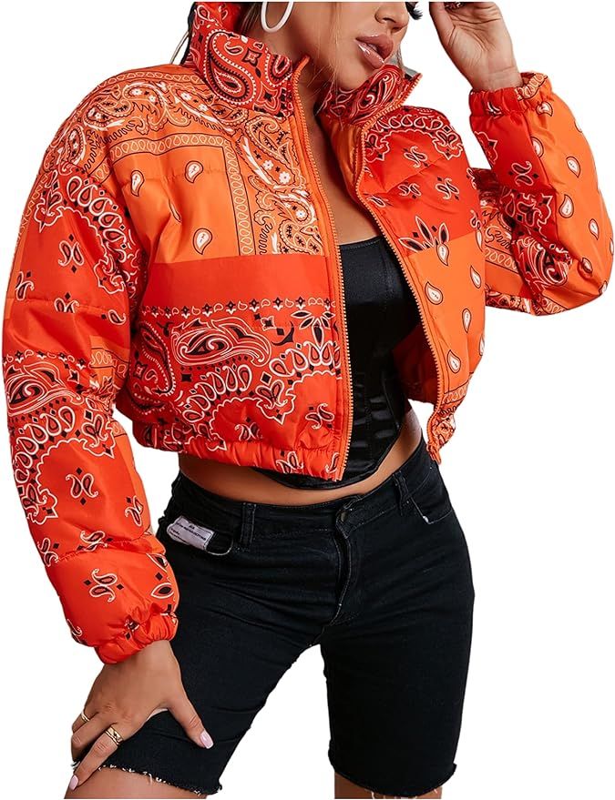UANEO Womens Cropped Puffer Jacket Bandana Paisley Print Short Bubble Coat | Amazon (US)