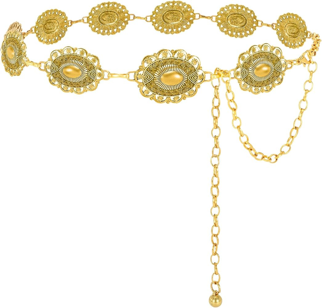 SANSTHS Women Western Metal Chain Belt Cowgirl Waist Chain Belt for Dresses Jeans Concho Gold Cha... | Amazon (US)