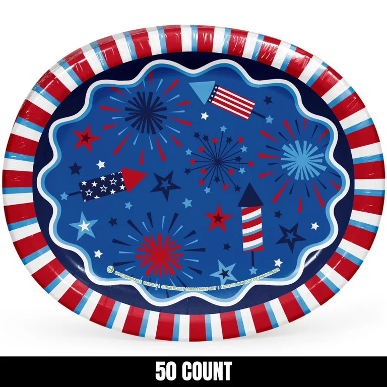 Patriotic Oval Paper Plates, 10" x 12", 50 Count Firework Pop Disposable Paper Plates Soak Proof ... | Walmart (US)