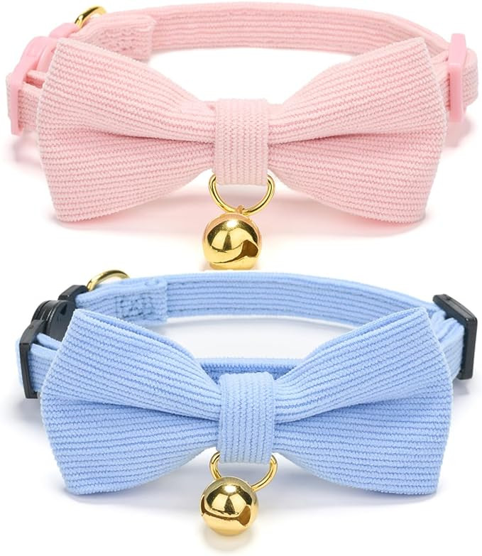 2 Pack Soft Corduroy Cat Collars with Bow Tie & Bell, Adjustable Breakaway Cotton Kitty Bowtie Co... | Amazon (US)