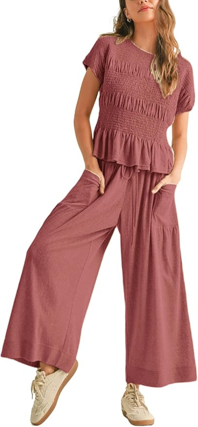 Womens 2 Piece Smocked Top Wide-Leg Pants Set High-Waisted Lounge Outfit with Pockets Casual Boho... | Amazon (US)