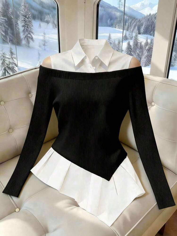 Franclia Women's French-Style Minimalist Fashion Asymmetrical 2 In 1 PLOL Collar Long-Sleeved Classic Black And White Color-Blocked New Women's Top, Black And White Color-Blocked Shirtwinter For Women,Christmas,New Year ,White For New Year's Eve,Party,Beach,Elegant,Casual,Casual For Women,Romance, Valentine's Day, Dating,Graduation Season Attire, Fashionable Casual Commuter Wear, Business Office Wear, Versatile And Stylish | SHEIN
