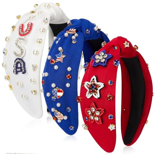 Suncalla 3 Pcs 4th of July Headband for Women American Flag Knotted Headband Red White Blue Crystal Rhinestone Star Patriotic Party Favor | Amazon (US)
