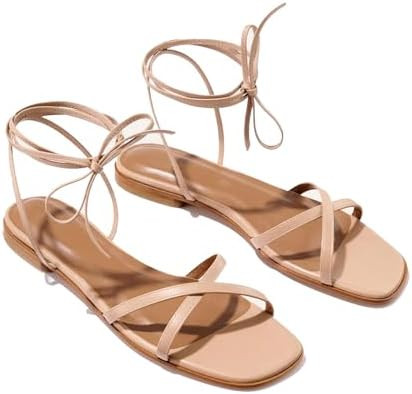 Strappy Flats Sandals for Women Summer Gladiator Lace Up Flat Sandals Open Square Toe Casual Beac... | Amazon (US)